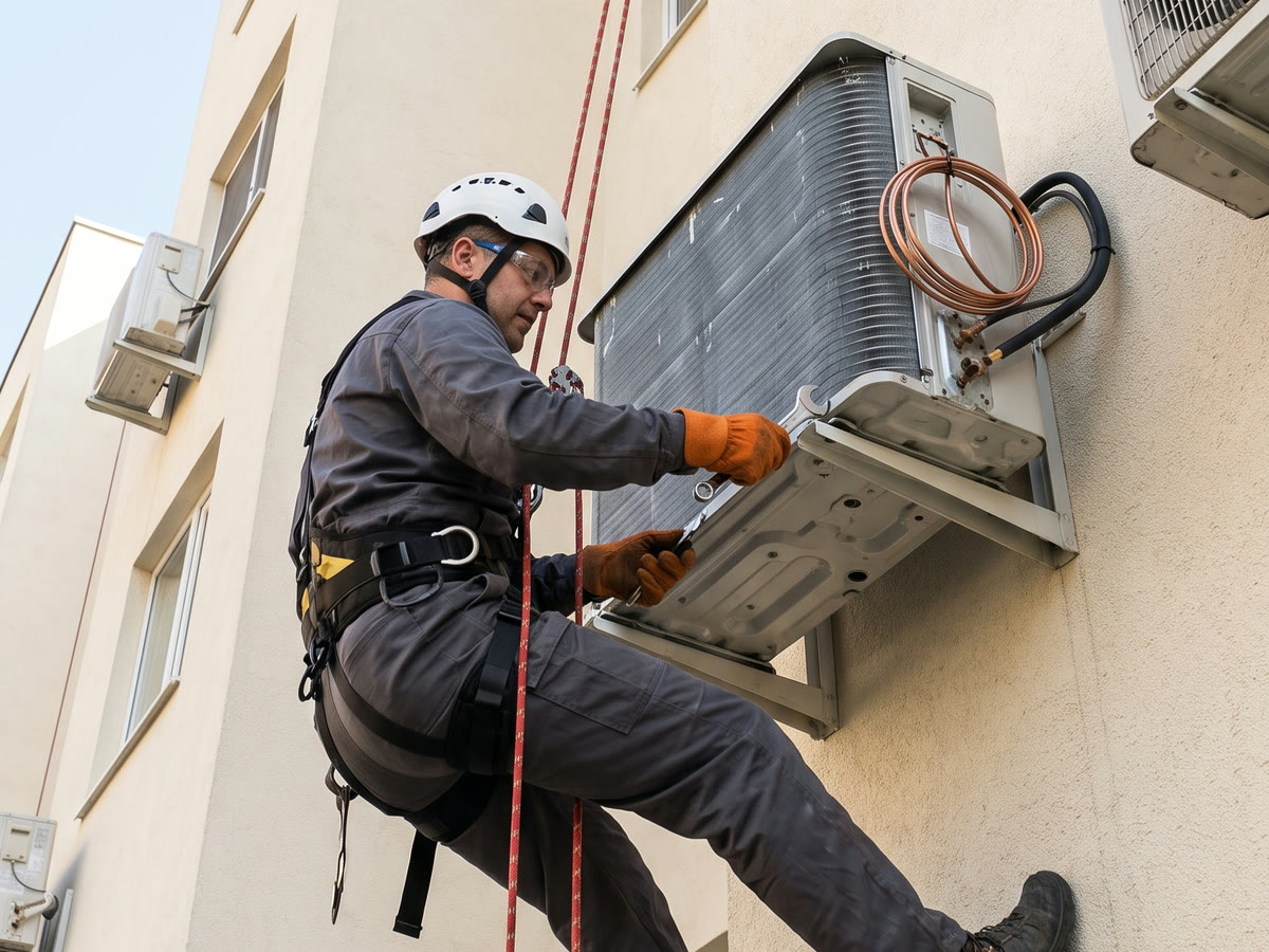 Instalación de aire acondicionado en fachada mediante acceso por cuerda